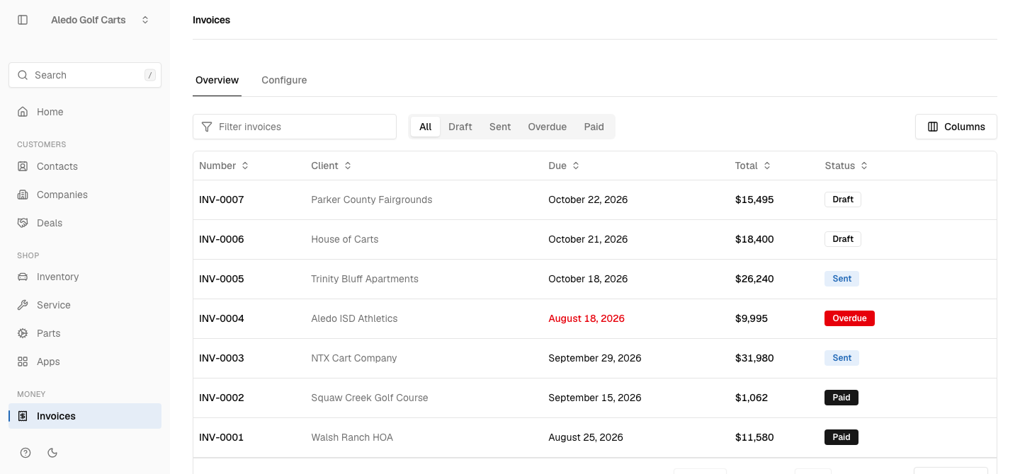 The Invoices list in CartOS