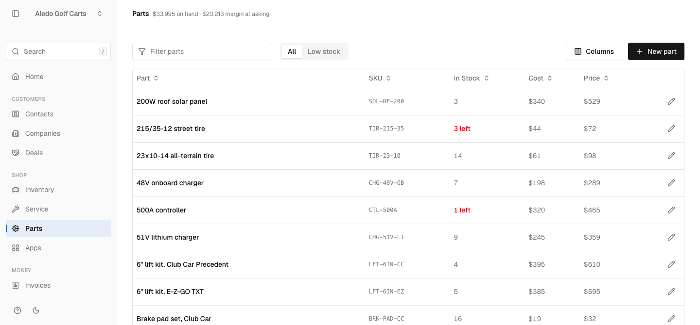 The Parts list in CartOS, with quantity on hand and reorder points
