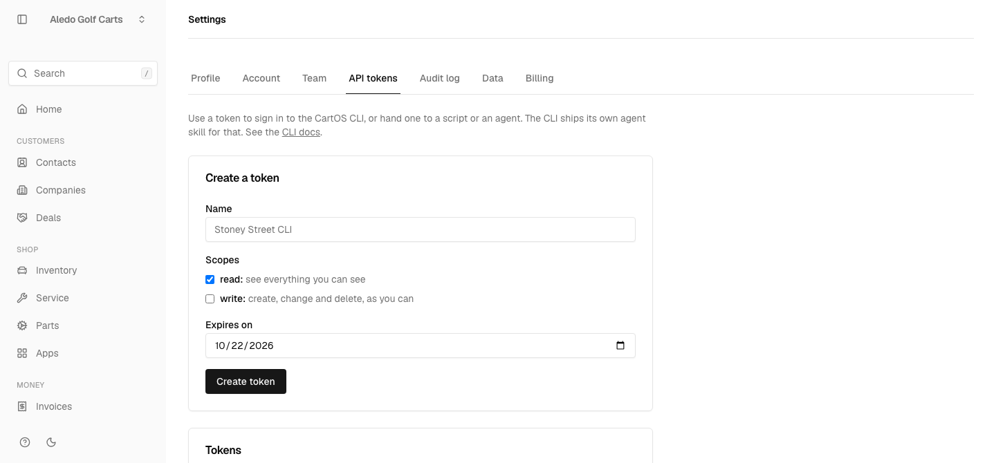 The API tokens screen in CartOS’s settings