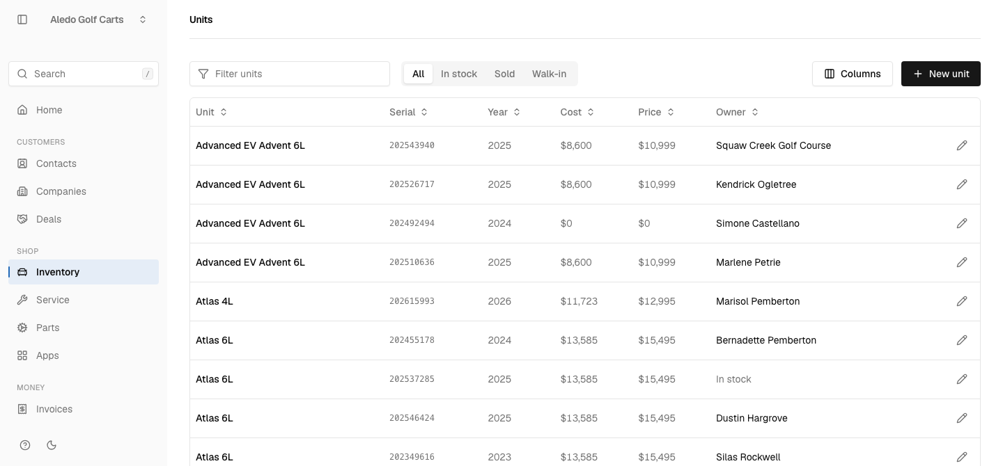 The inventory list in CartOS, with each cart’s make, model, year and price